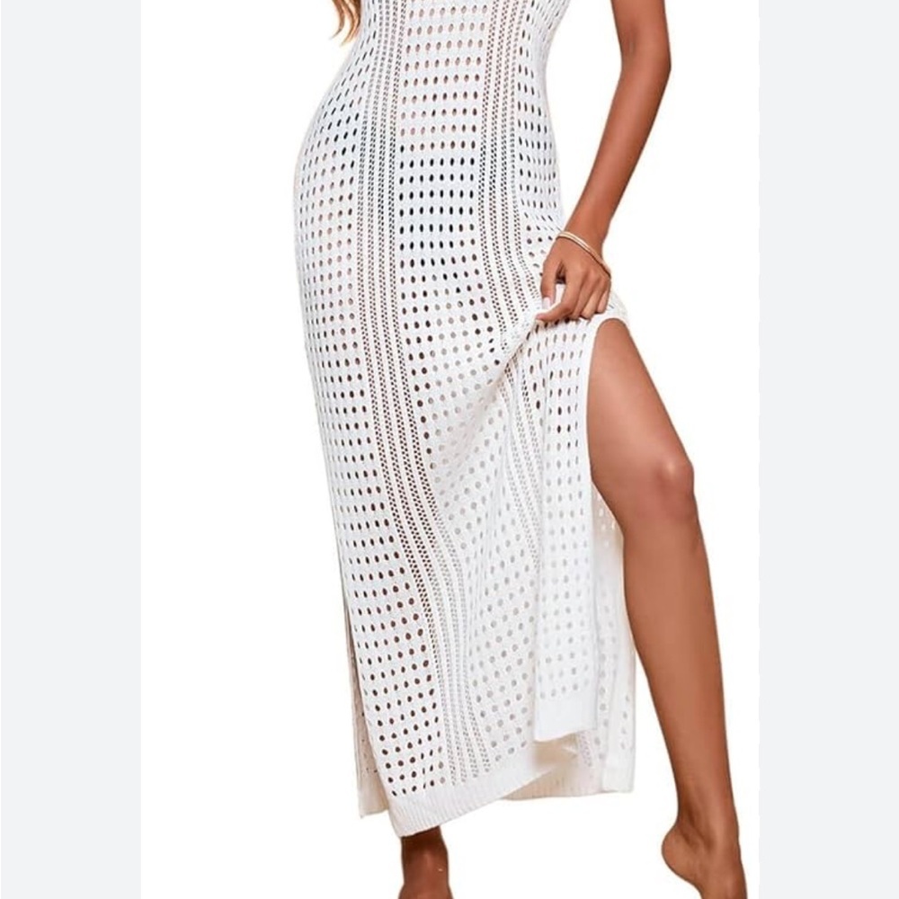 EUC-White Crochet Beach Cover Up Maxi Dress Sz medium